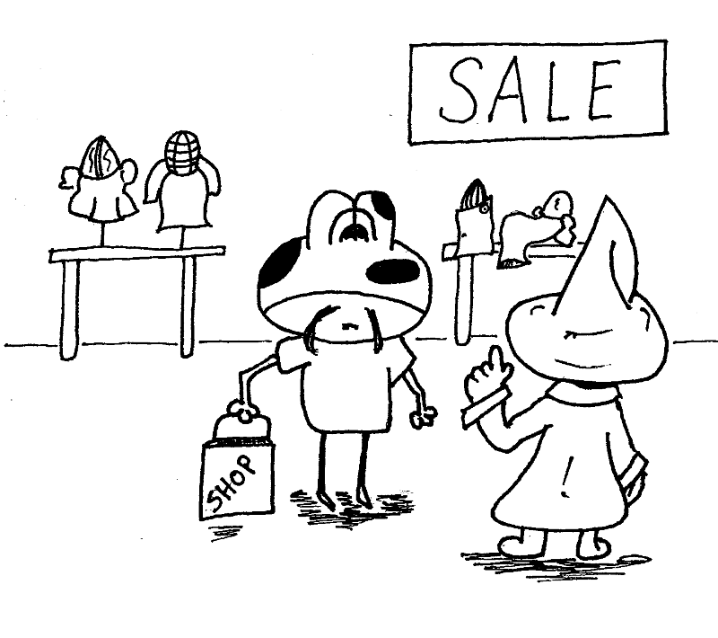 Frog and Tour Guide speaking at a store.